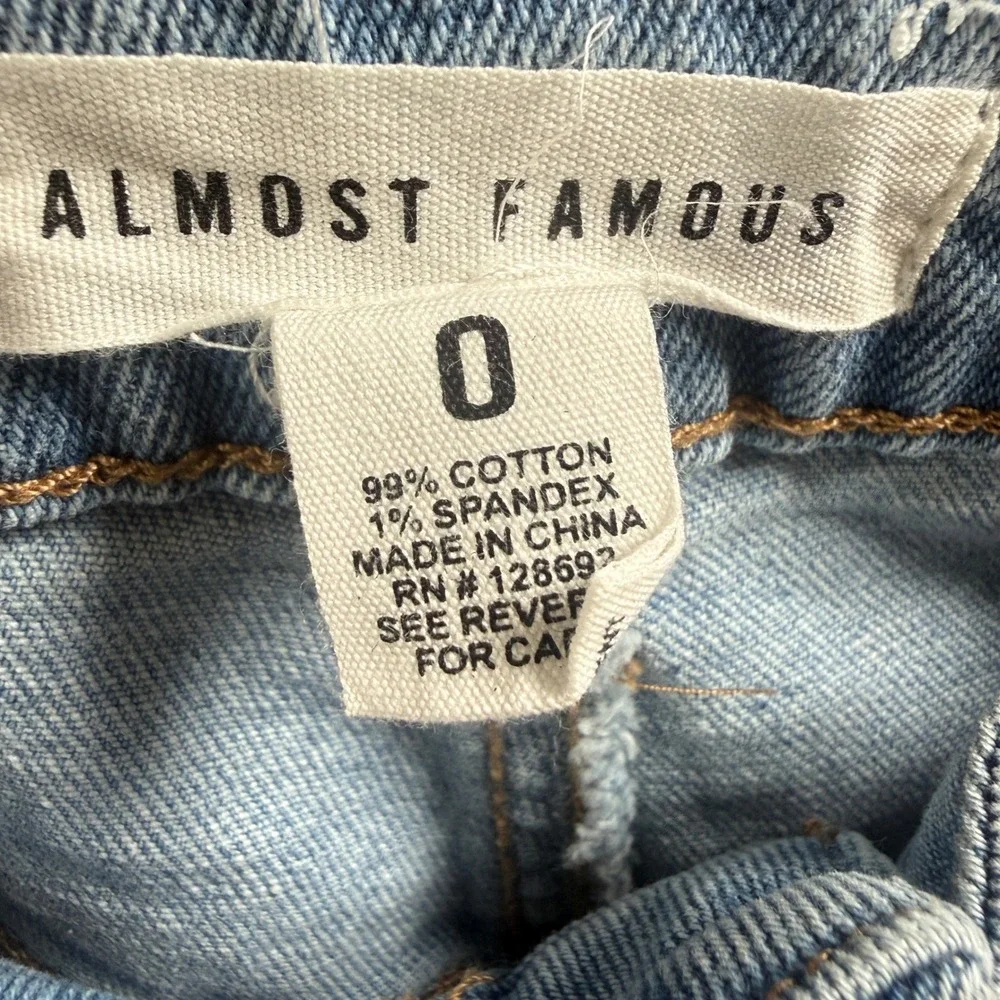 Almost‎ Famous Denim Shorts Womens Size 0 Light Wash Frayed Raw Hem High Rise